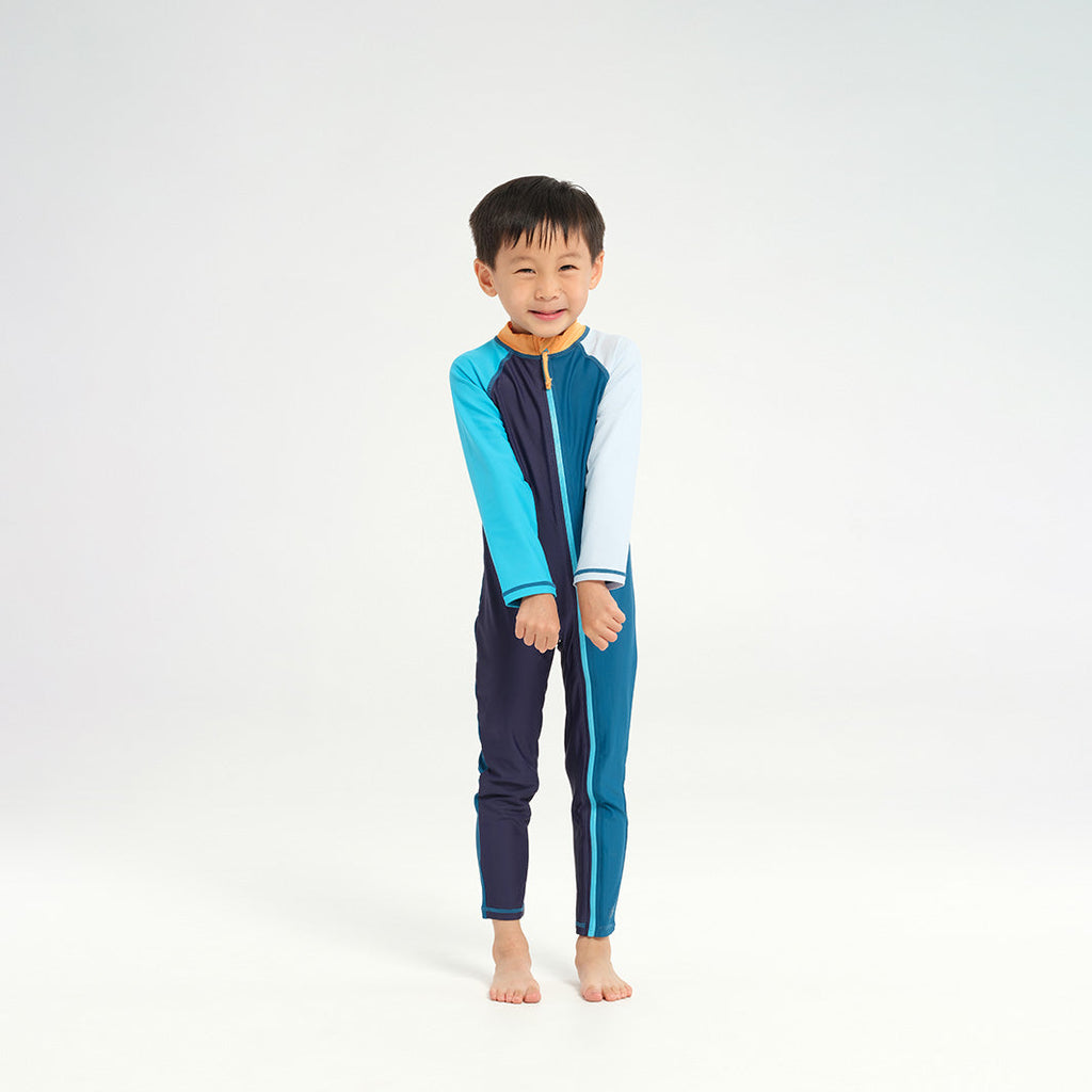  Infant Blocked LS Swim Zip Suit - Navy Apricot
