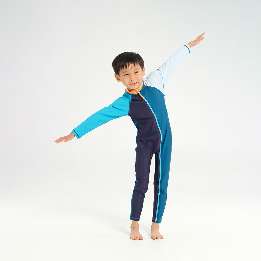  Infant Blocked LS Swim Zip Suit - Navy Apricot